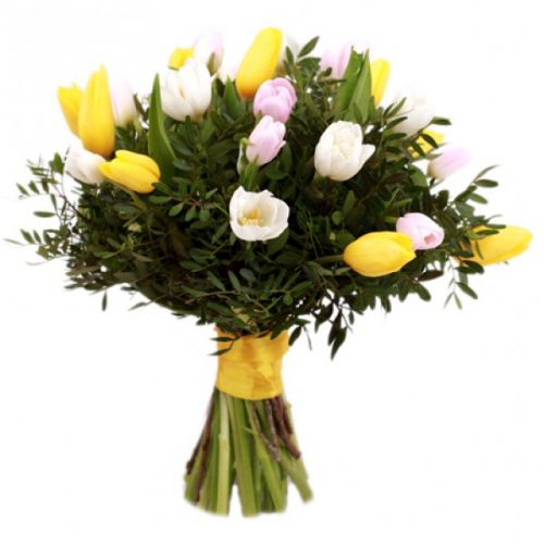 Букет из 25 тюльпанов с зеленью "Хелен" - купить в интернет-магазине с доставкой по Домодедово 